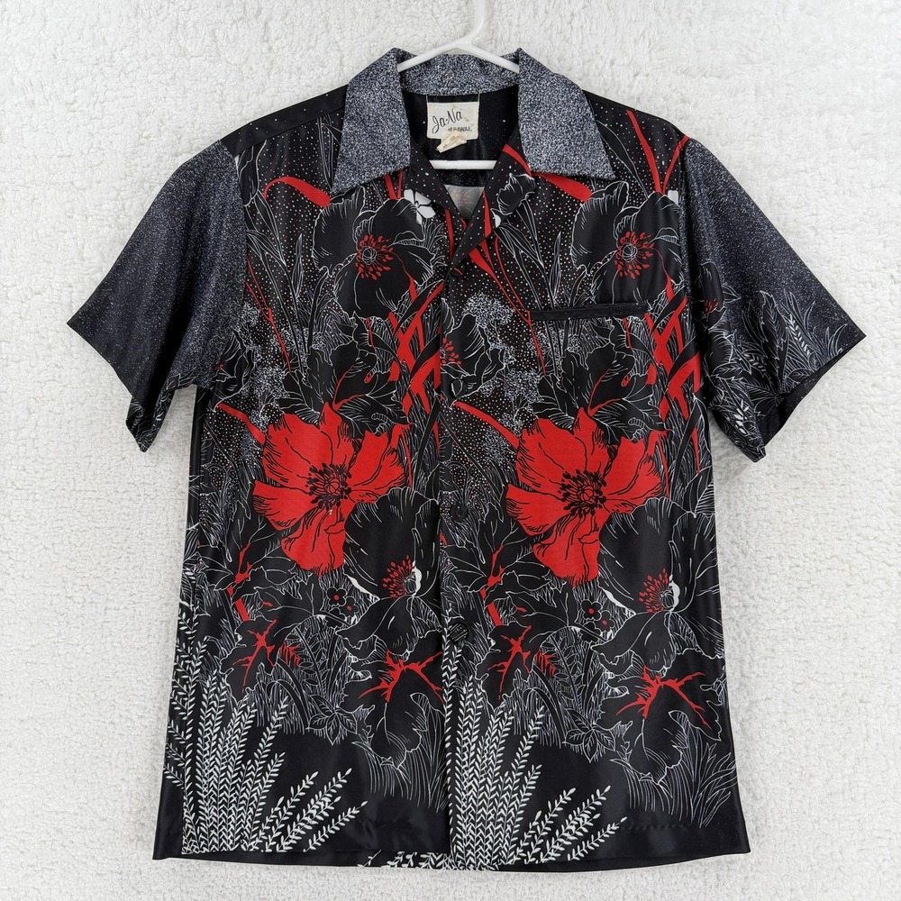 Vintage Ja Na Of Hawaii Shirt Mens Medium‎ Black Red Floral Hawaiian Aloha Camp